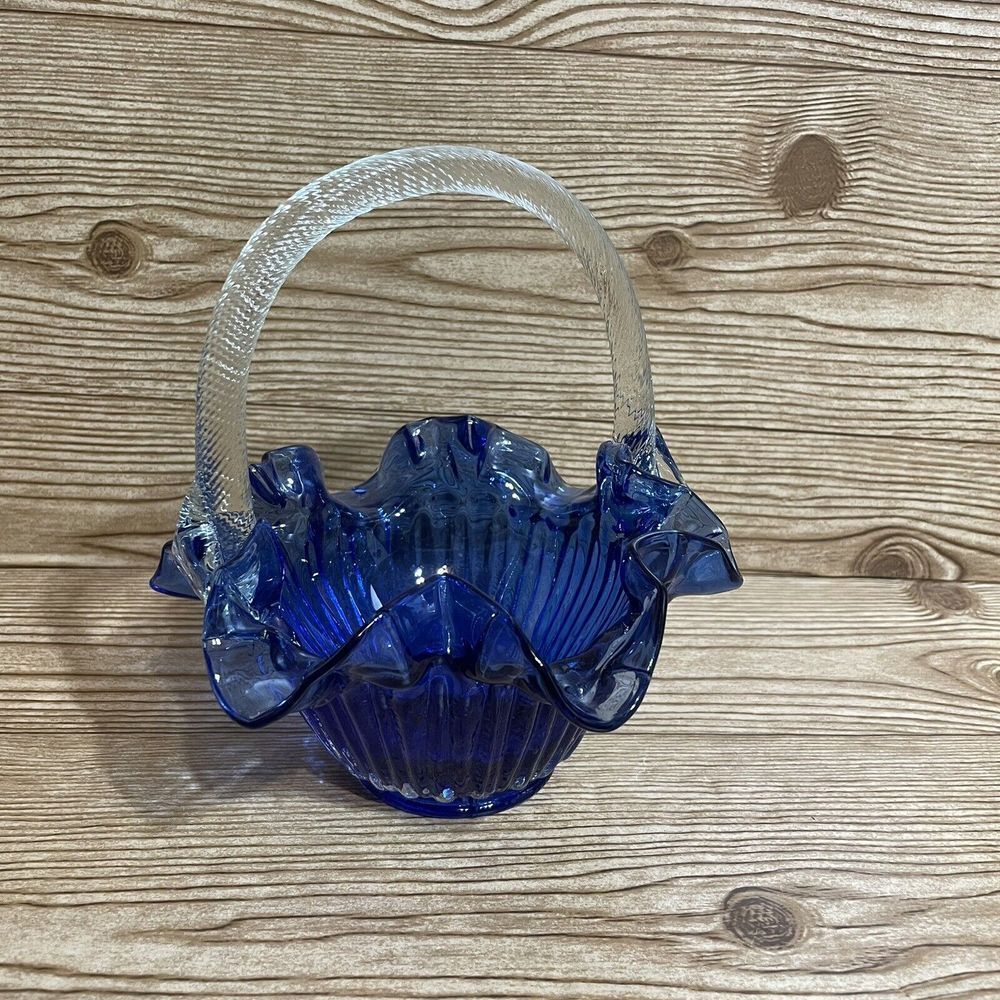 Vintage Art Glass Basket Cobalt Blue Ruffled Edge Clear Textured Handle Vase‎ #2